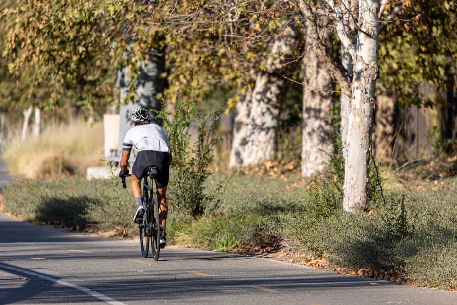 Back view of a cyclist riding a bike on a park trail during a sunny autumn day.